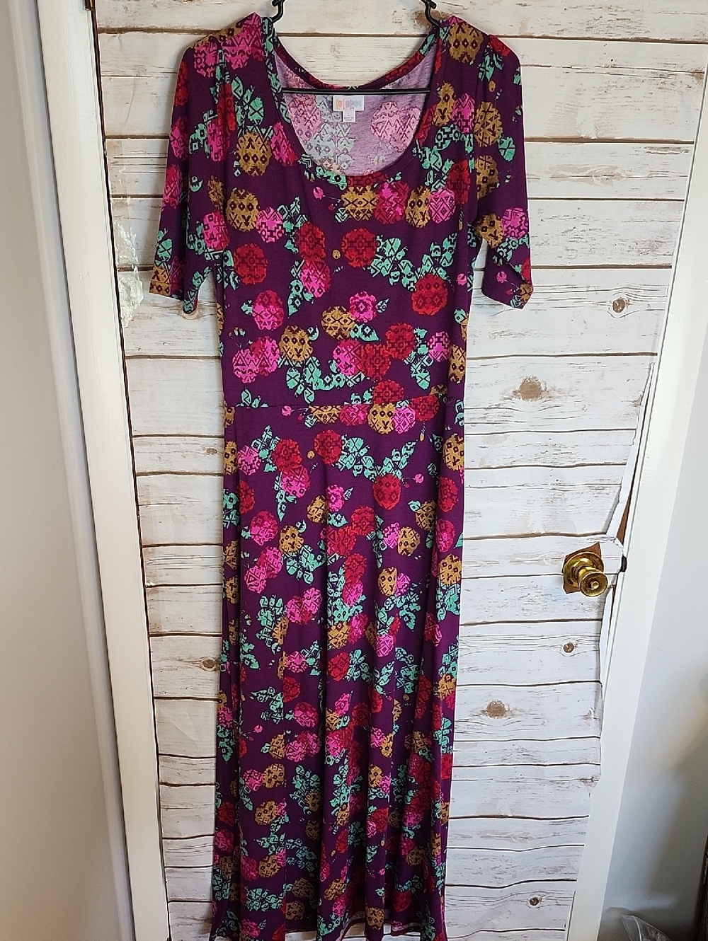LuLaRoe Ana Purple Floral Maxi Dress Stylish Scoop Neck Size Large